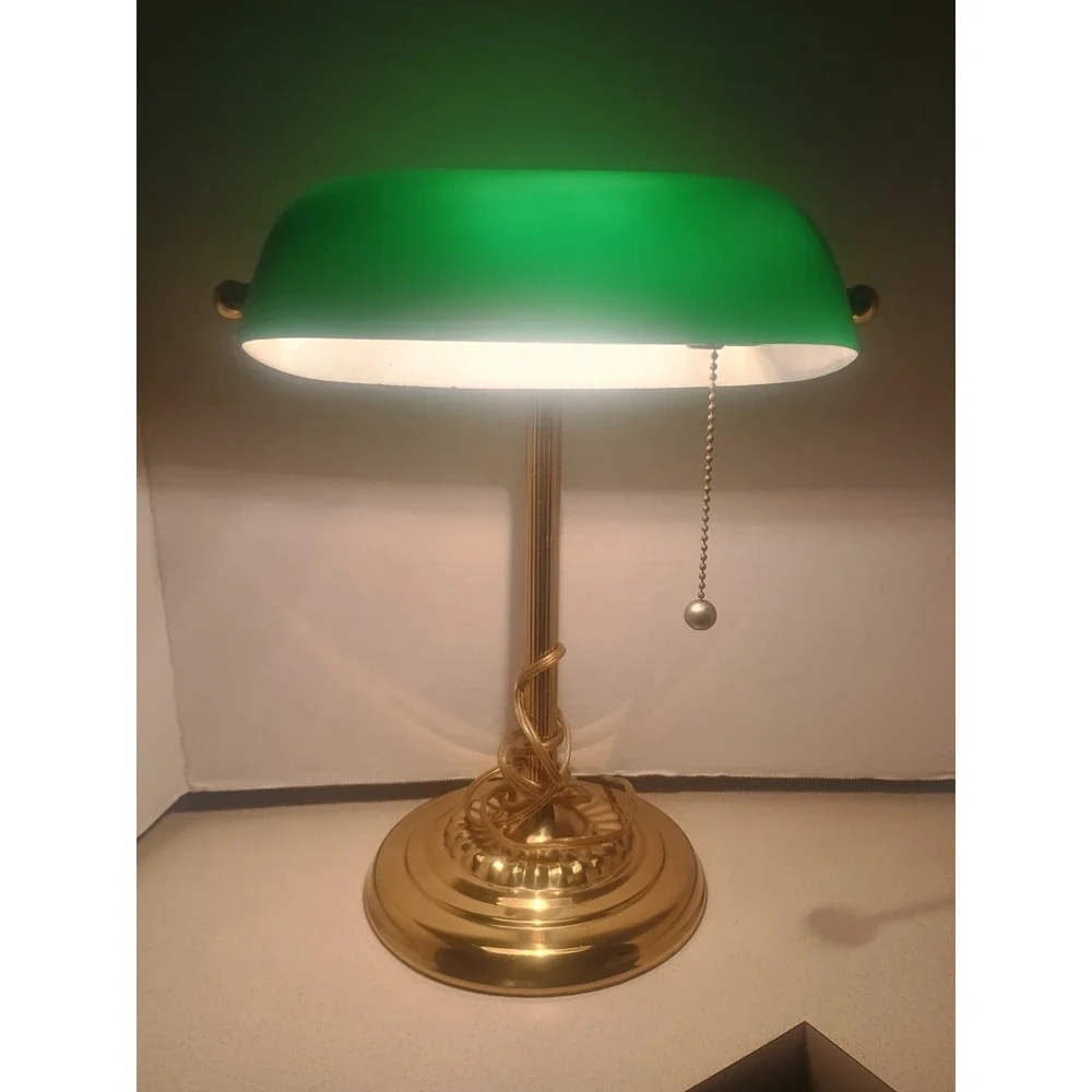 Vintage Brass Bankers Desk Library Pull String Lamp Emerald Green Glass...